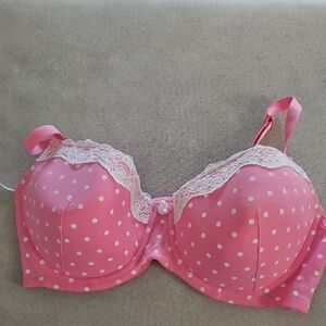 Q-T Intimates Pink Polka Dot Bra with Lace. Adjustable Stretch Shoulder Straps.